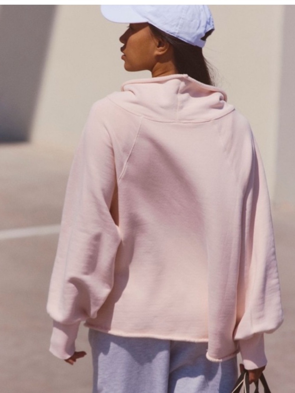 FREE PEOPLE FRENCH TERRY CUTBACK COWL NECK PULLOVER IN BALLET PINK